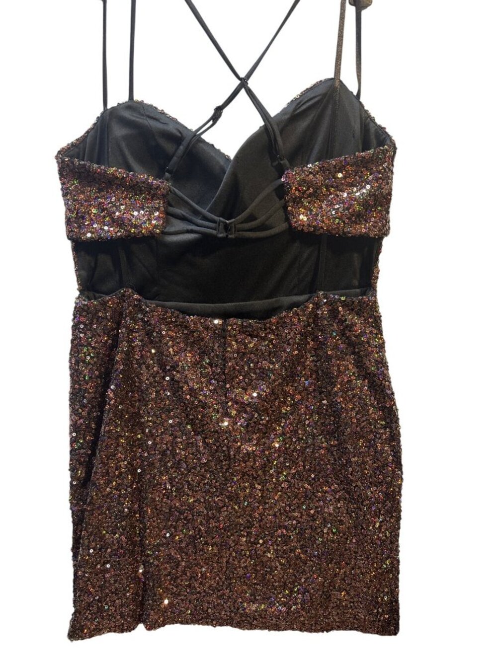 City studio Size 13/14 Sequin Bronze Mini Dress With Strappy Back & Side Slit - Picture 2 of 9